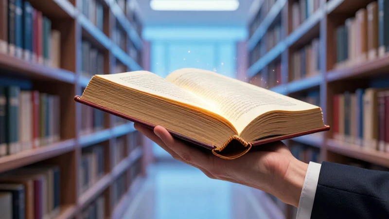 Libro antiguo y brillante en biblioteca moderna
