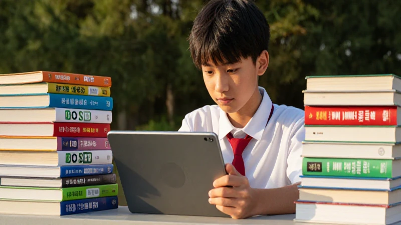 Estudiante con tablet rodeado de libros en atardecer