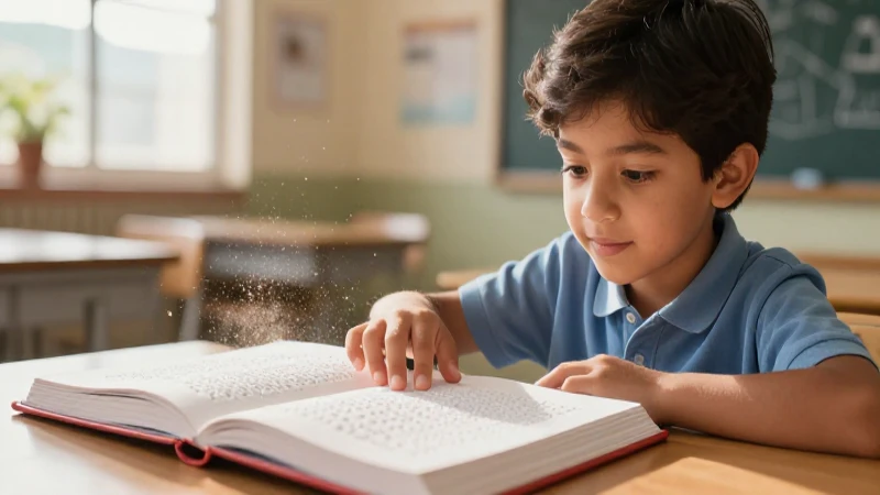 Estudiante ciego toca libro en clase mexicana