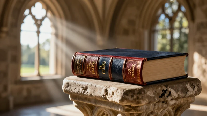 Libro clásico en pedestal con luz gótica