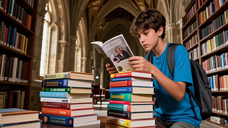 Joven estudia libros en castillo antiguo
