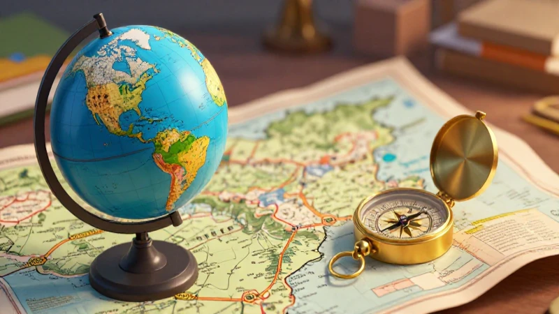 Globo, brújula y mapa en estilo educativo