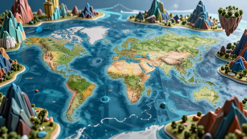 Atlas detallado y vibrante con estética de revista
