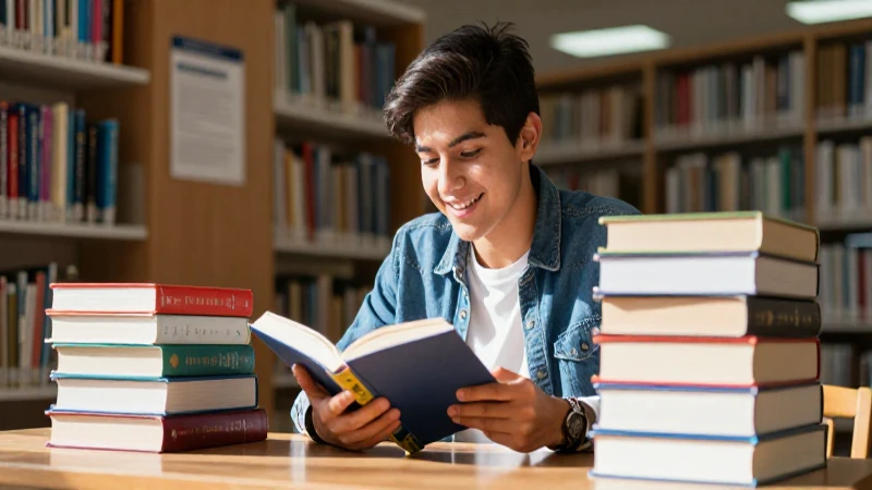 Estudiante mexicano lee alegre con libros