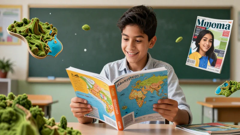 Estudiante sonriente lee mapa educativo detallado