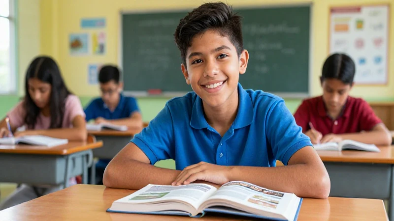 Joven estudiante mexicano sonríe en aula moderna