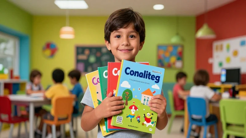 Niño mexicano alegre con libros coloridos en entorno vibrante