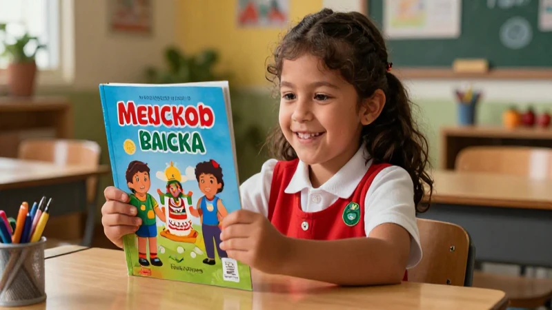 Estudiante feliz con libro mexicano en aula