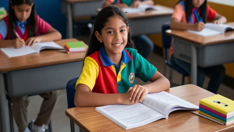 Estudiante mexicano alegre en ambiente de aprendizaje inspirador