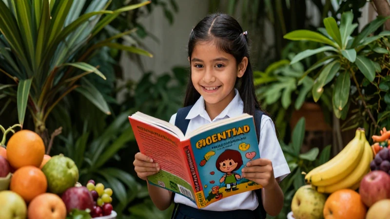 Estudiante alegre sostiene libro entre frutas y plantas