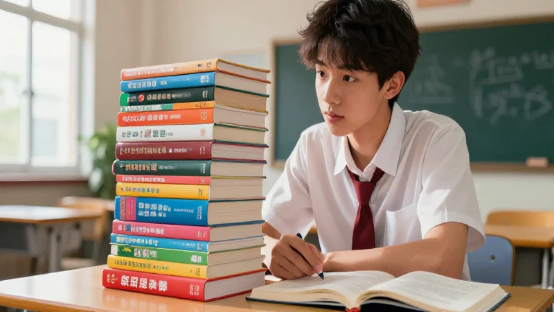 Estudiante de secundaria estudiando con libros coloridos