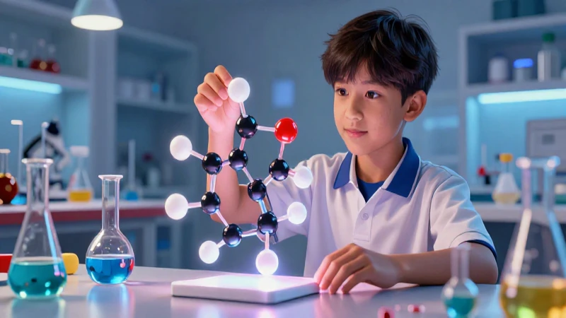 Estudiante estudia química con modelo molecular