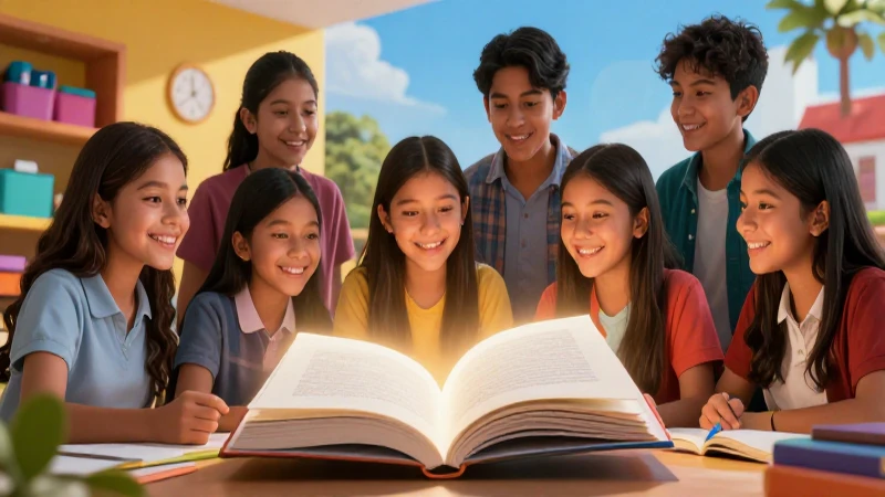 Estudiantes mexicanos aprendiendo feliz en un ambiente vibrante