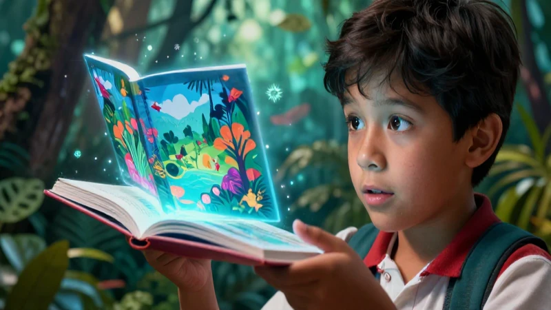 Emocionantes lecturas de aventuras en PDF: Disfruta de historias vibrantes desde tu pantalla 3 Niño mexicano curioso con libro holográfico en la selva