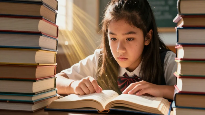 Estudiante enfocado en libros de estudio vibrantes