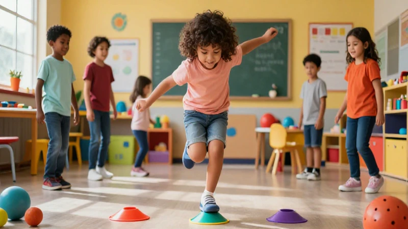 Niño sonriente practica equilibrio en aula moderna