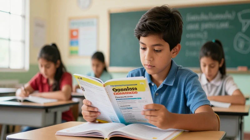 Estudiante lee gramática en aula mexicana moderna