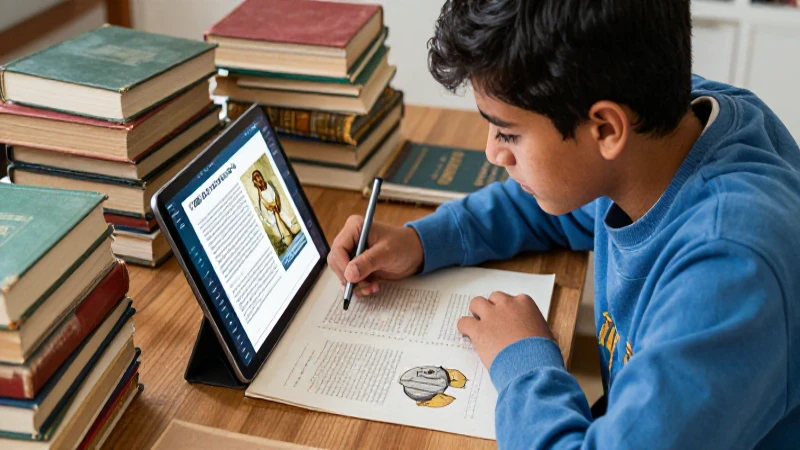 Estudiante aprende historia con libros y tablet