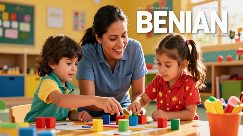 Educador, padre y niño interactúan con materiales vibrantes