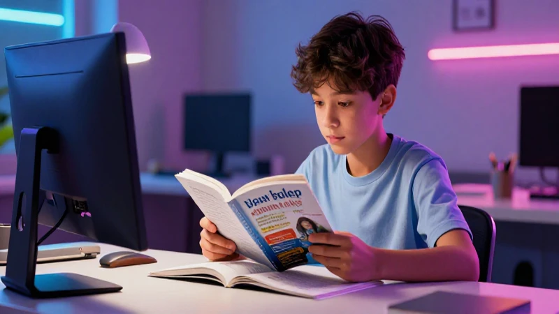 Estudiante lee un libro en un entorno dinámico