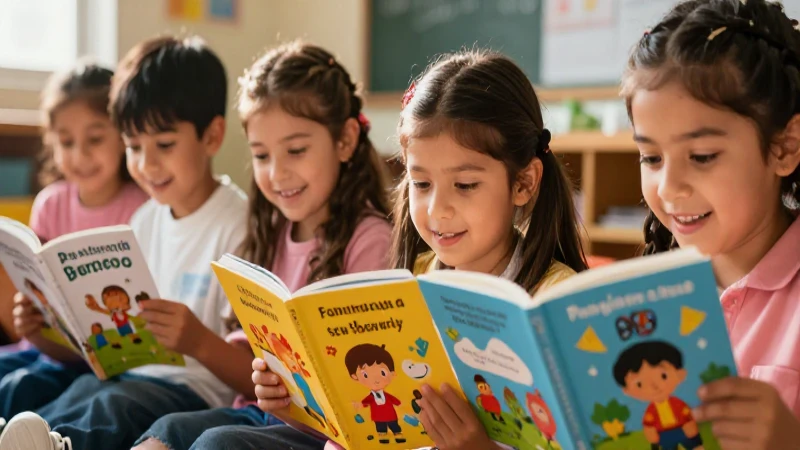 Mexican niños leen libros coloridos con alegría