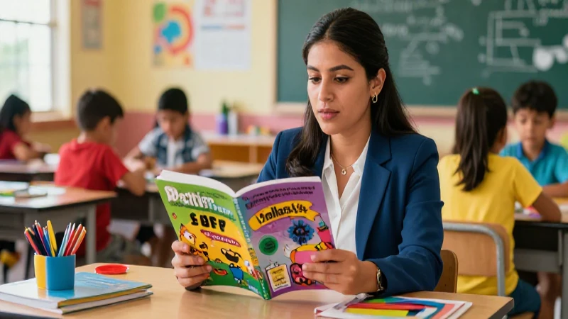 Maestra mexicana con vibrantes libros de currículo