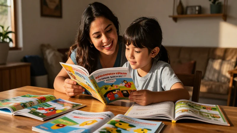 Padres mexicanos leen felices con luz dorada