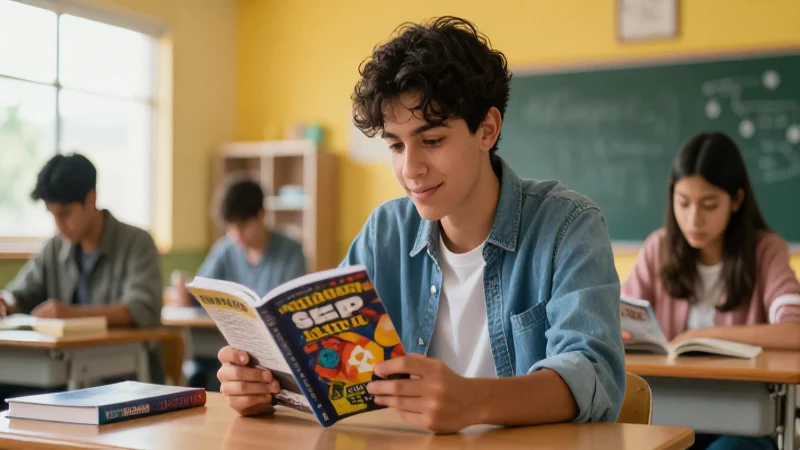Joven estudiante con libros vibrantes en aula
