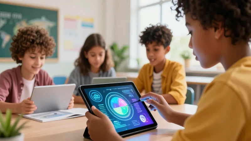 Estudiante interactúa con tablet futurista en clase moderna