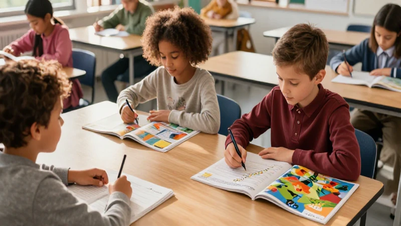 Estudiantes aprenden en aula moderna con luz vibrante
