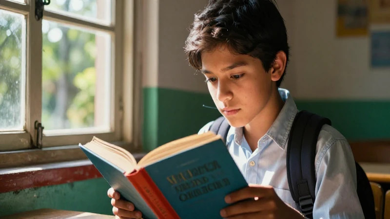 Estudiante mexicano lee libros bajo luz vibrante