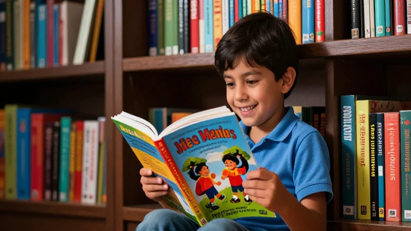 Niño feliz leyendo en una biblioteca vibrante