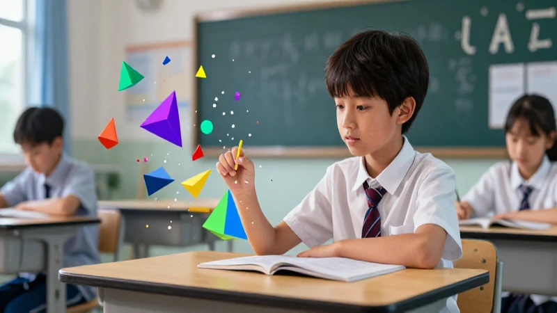 Estudiante concentrado con geometría vibrante