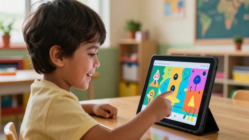 Niño feliz aprende con tablet en aula moderna