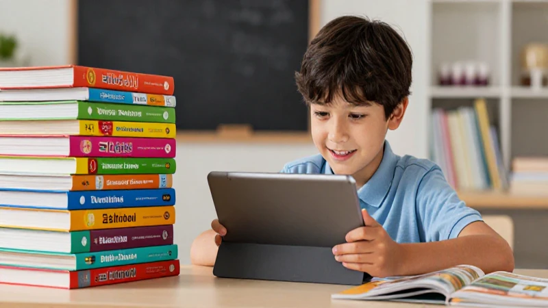 Niño alegre con tablet y libros de escuela