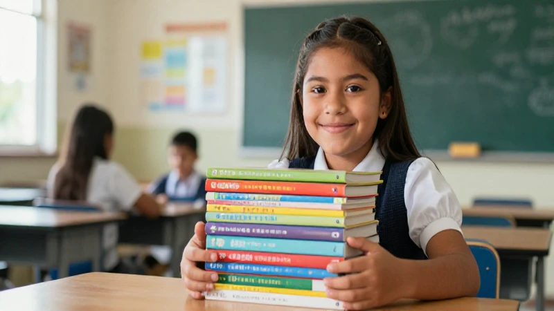 Estudiante feliz con libros de escuela y luz