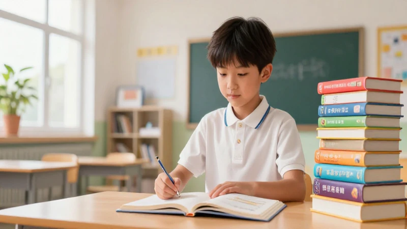 Niño sonriente con libros en aula luminosa