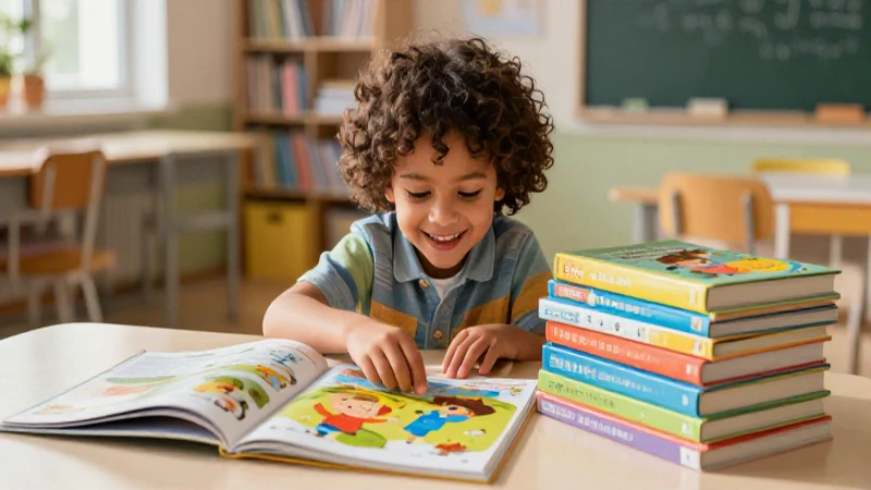 Niño explorando libros con luz soleada