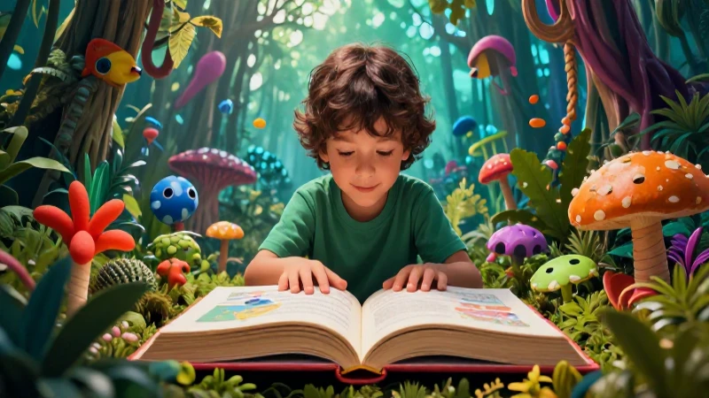 Niño en mundo mágico de lectura