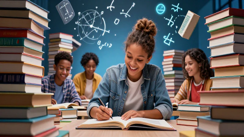 Estudiante feliz con matemáticas vibrantes y modernas