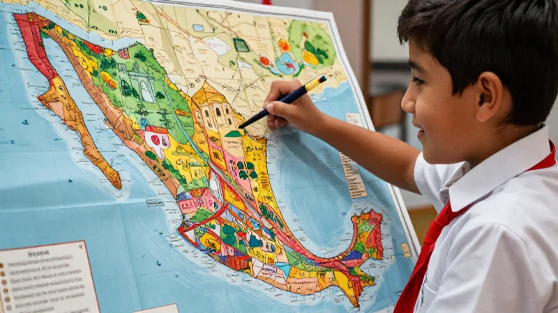 Niño mexicano explora vibrante mapa histórico de México