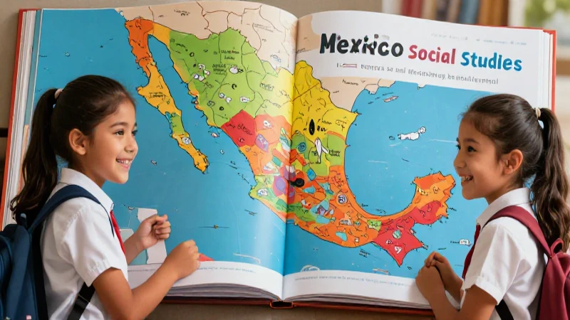 Libro de historia de México con estudiantes sonrientes
