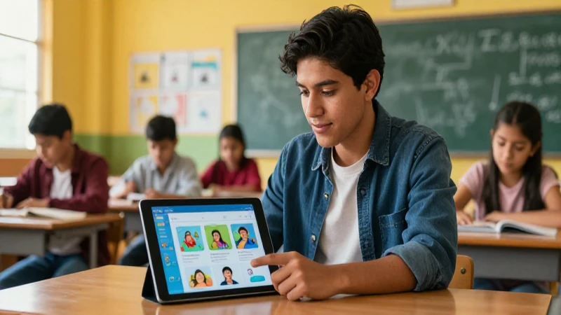 Educador moderno usa tablet en aula vibrante