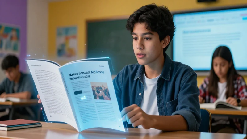 Estudiante mexicano interactúa con libro holográfico en entorno educativo