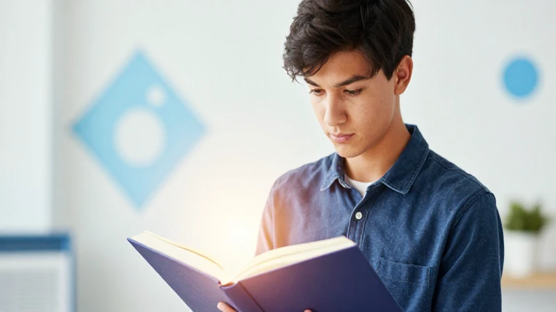 Retrato dinámico de un estudiante concentrado en un libro luminoso