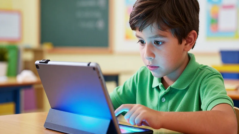 Niño mexicano interactúa con tableta educativa brillante