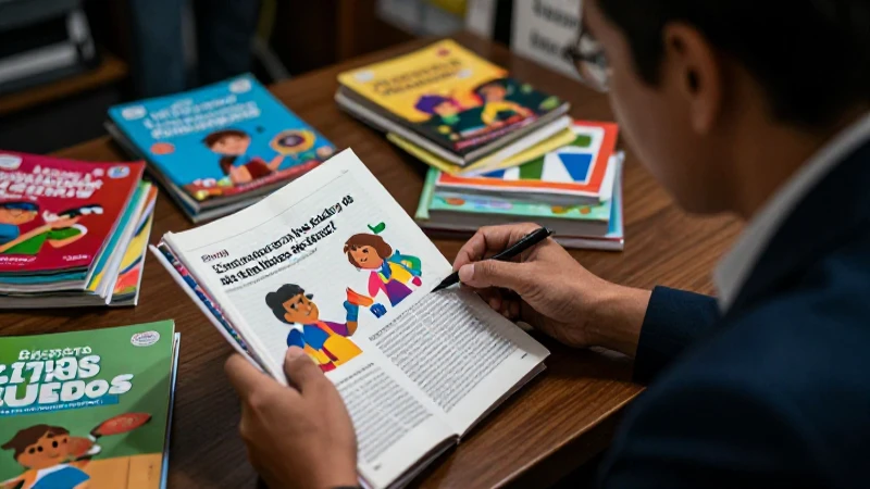 Educador revisando libros de texto con estética profesional