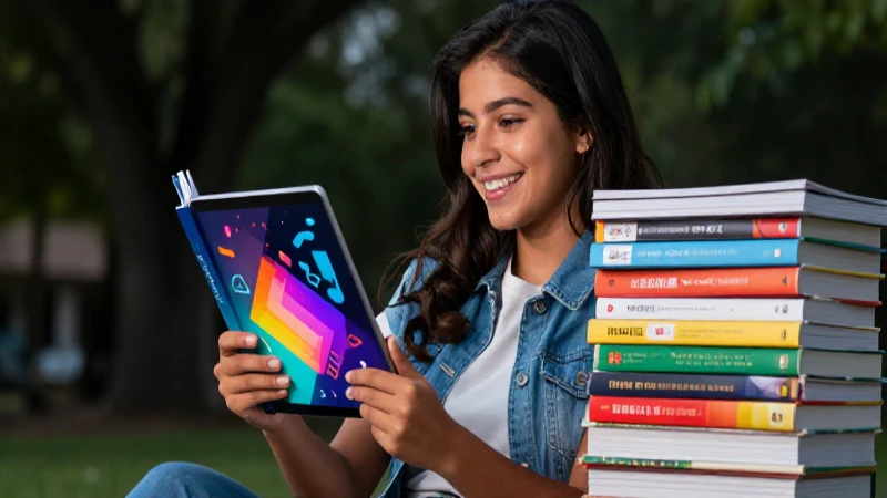 Joven estudiante mexicano sonríe con libros educativos modernos