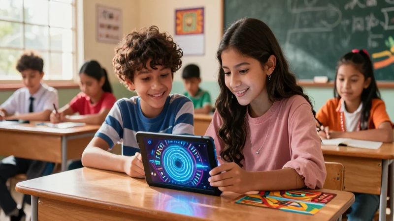 Estudiante digital en vibrante aula mexicana