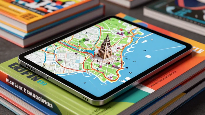 Descuentos Conoces en libros de texto Barcelona 5 Portada dinámica: tablet, mapa de Barcelona y libros coloridos